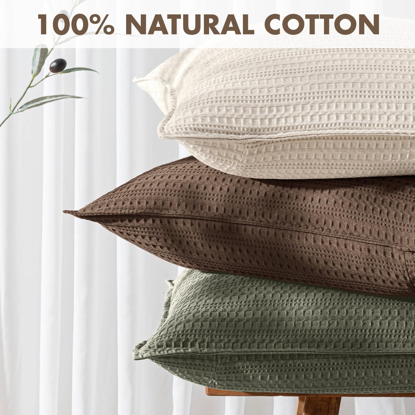 Woaboy Set of 2 Decorative 100% Cotton Waffle Throw Pillow Covers 18x18, Neutral Euro Shams Weave European Cushion Cases for Couch Sofa Bed Modern Farmhouse Home Decor, Reddish Brown