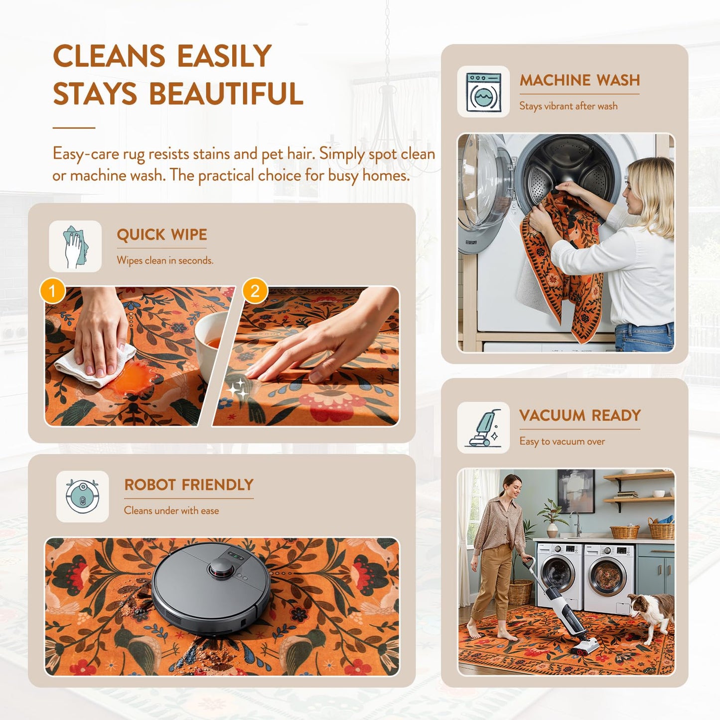 Moynesa Bedroom Rug 5x7, Washable Bohemian Scandinavian Orange Area Rugs for Living Room Dining Room Reading Coner, Modern Country Floral Bird Carpet, Fall Home Decor Non-Slip Protection
