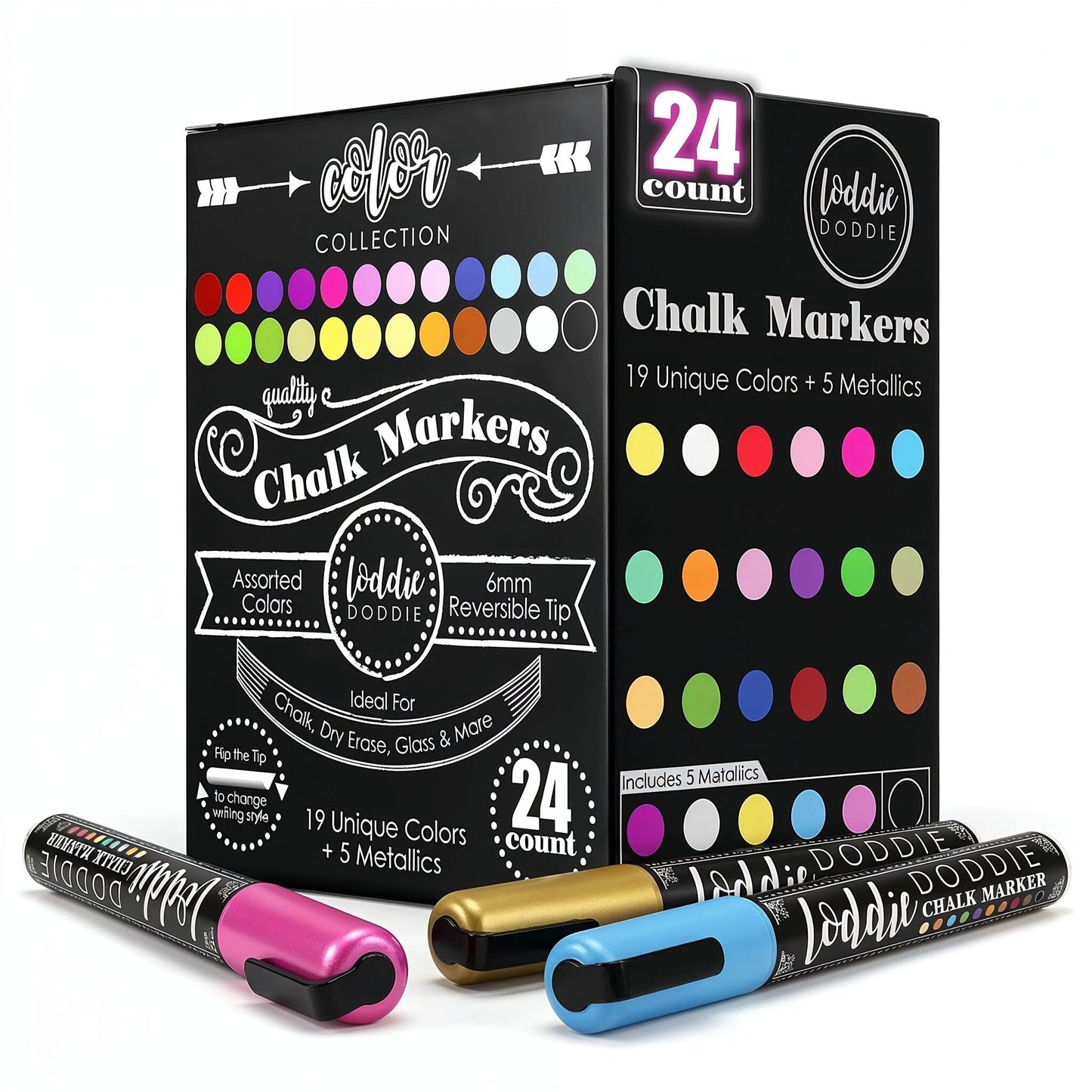 Loddie Doddie Chalk Markers - Pack of 24, 6mm Reversible Tips - Liquid Chalk Pens for Glass Surfaces & Windows - Erasable Pens for Chalkboard Calendar - Non-Toxic Chalkboard Markers