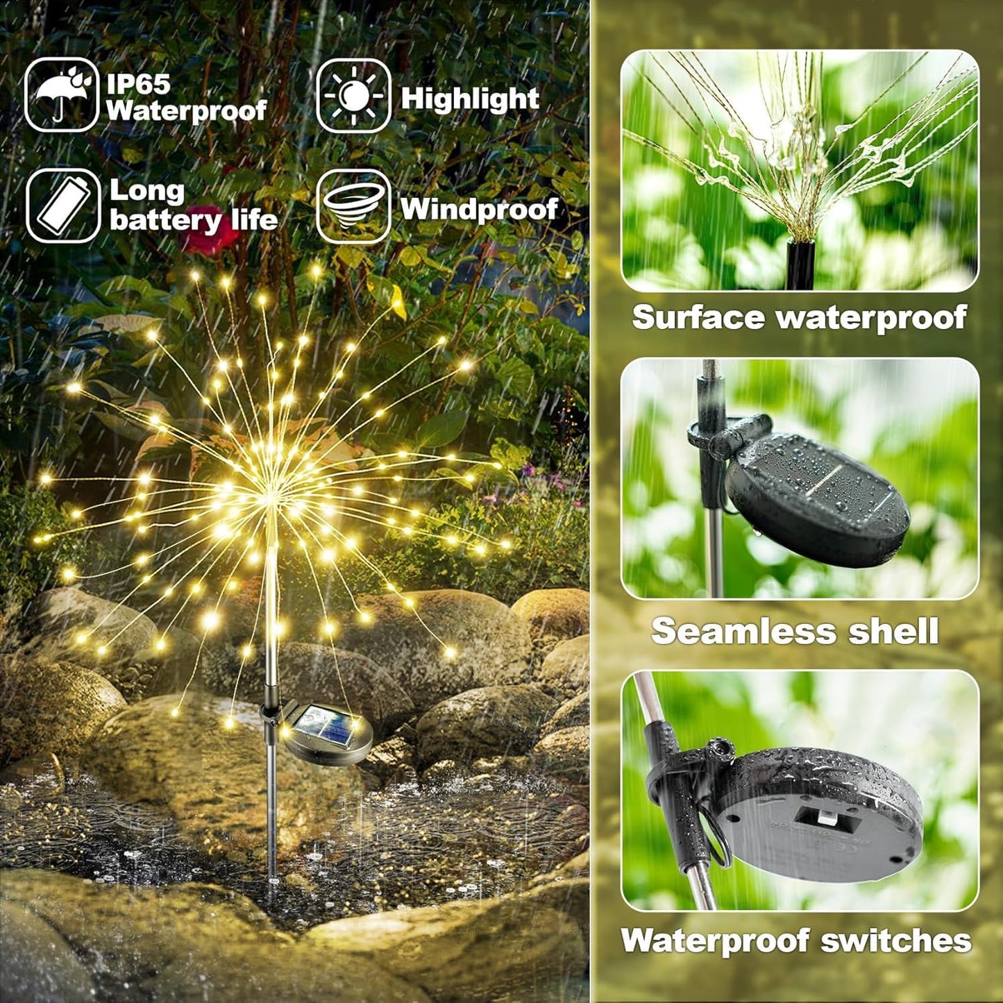 Anordsem Solar Lights Outdoor Waterproof: 2 Pack Garden Light - Bendable Copper Wire with 120 LED Firework Beads - DIY Warm Fun Decoration for Yard Patio - Twinkle Sparkler Gifts for Women Wife