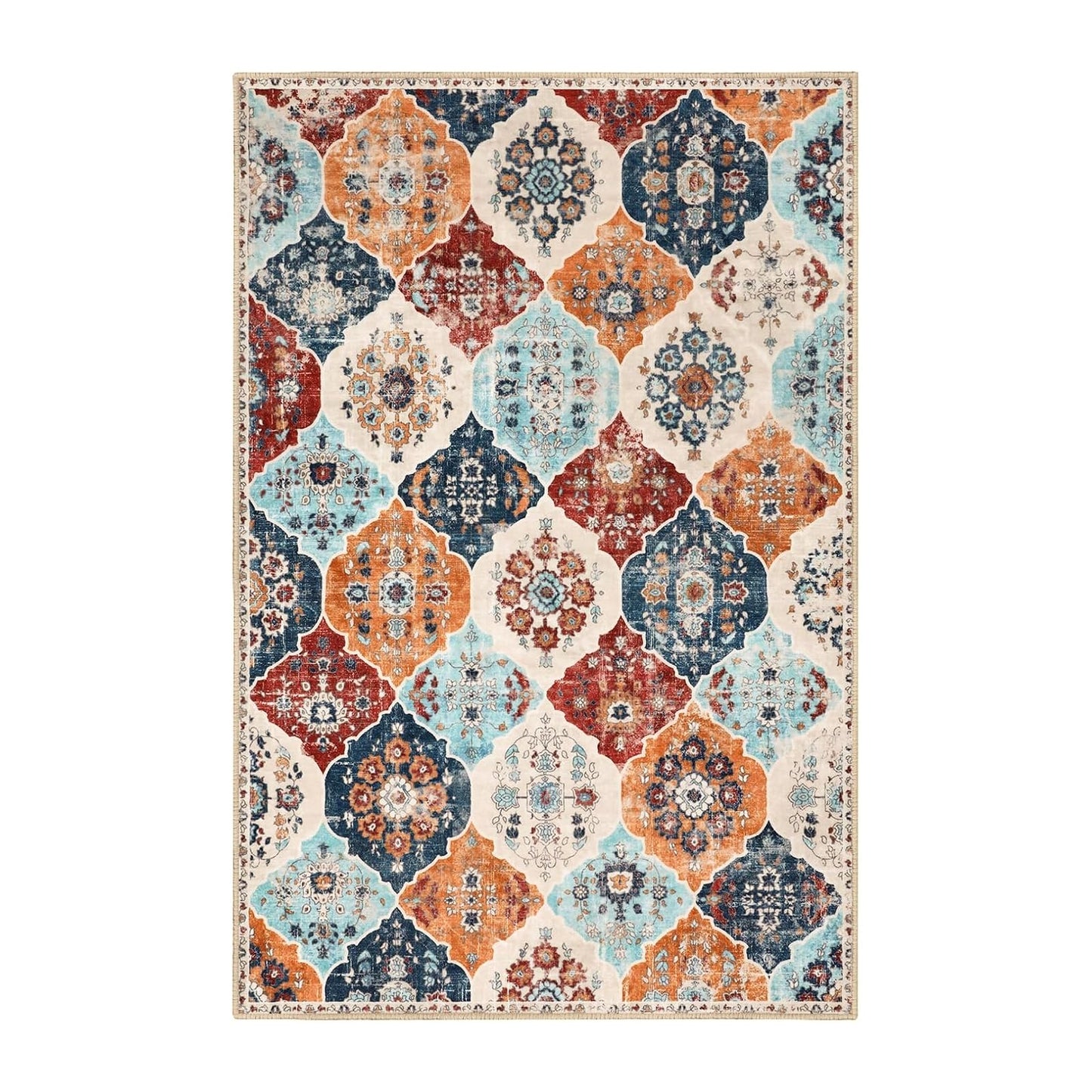 FLYRUGGO Area Rugs, 5x7 Washable Boho Throw Rug Indoor, Moroccan Trellis Bohemian Ultra Soft Large Non-Slip Carpet for Living Room Dining Room Office Bedroom (001-Orange/Multi, 5x7)