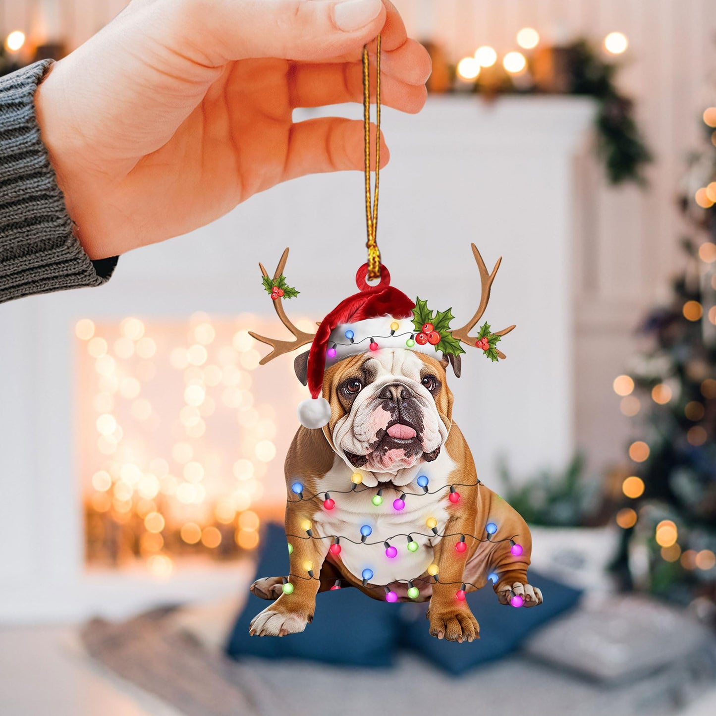 Talataca English Bulldog 2D Flat Christmas Ornament, Bulldog Inglés Christmas Hat Reindeer String Light Pine Tree Decor, Hanging House Charm Eve Keepsake, Car Rear View Mirror Accessories, Xmas Gift