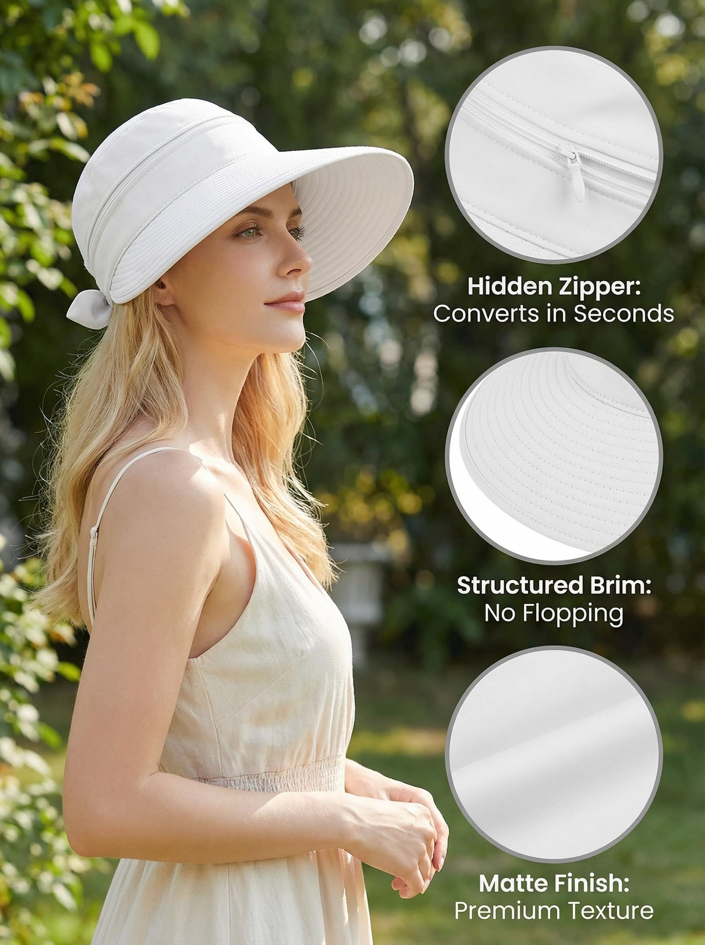 AlturaGo 2-in-1 Women’s Sun Visor Hat Wide Brim Sun Hat Zipper Off Ponytail Friendly, Lightweight Quick Dry, Summer UV Protection, White
