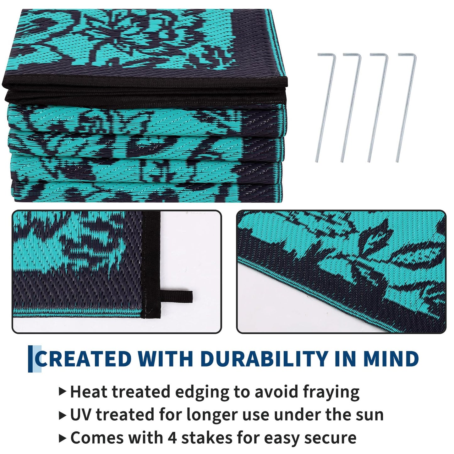 Garvee 5’x8’ Waterproof Patio Outdoor Rug, Outdoor Plastic Straw Rug for Camping, RV Mat Outside, Indoor Outdoor Carpet for Porch, Deck, Backyard, Balcony, Picnic, Dark Blue & Teal