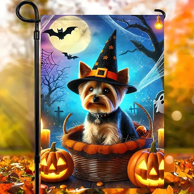 Halloween Garden Flag Yorkie Witch Hat Garden Flag Polyester 12x18 Inch Fall Winter Holiday Decor Outdoor Yard, Patio, Farmhouse Decoration No Flagpole