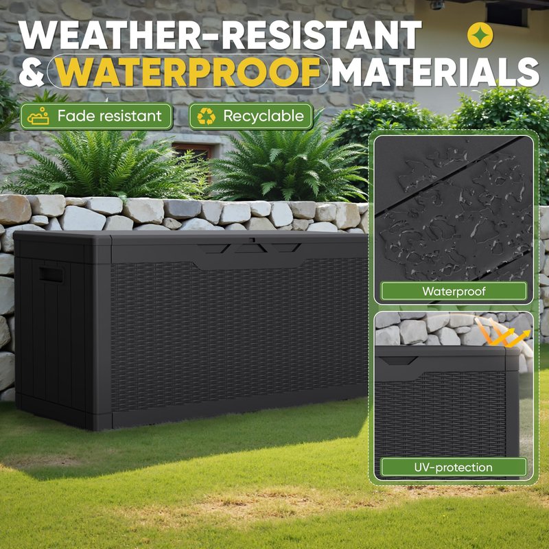 Greesum Outdoor Storage Box 100 Gallon Storage Bin with Lid for Patio Furniture, Garden Tools, Pool Supplies, Lockable, Waterproof and UV Resistant, Black