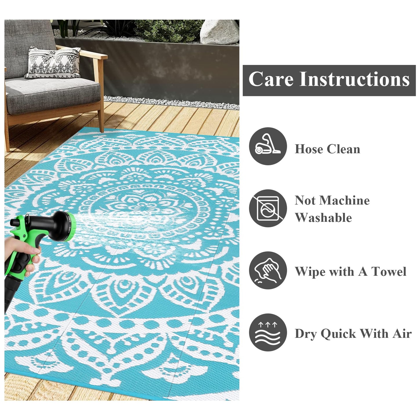 Bsmathom Waterproof Outdoor Rug 6'x9' Reversible Boho Plastic Straw Patio Deck Camping Rugs, Indoor Outdoor Portable RV Mat Clearance Carpet for Outside, Porch, Balcony, Backyard, Beach, Pool,Teal