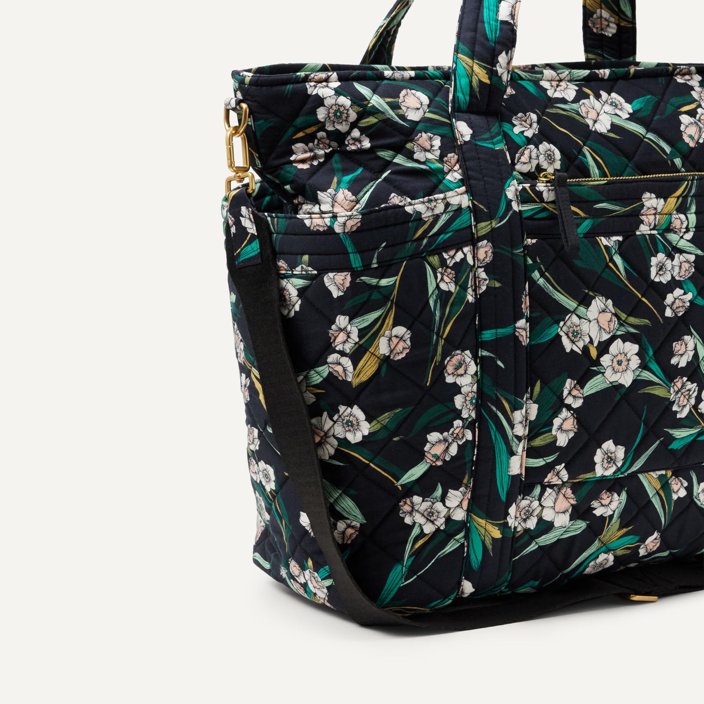 Amazon Essentials Women's Quilted Cotton Travel Tote Bag, Black Floral, One Size