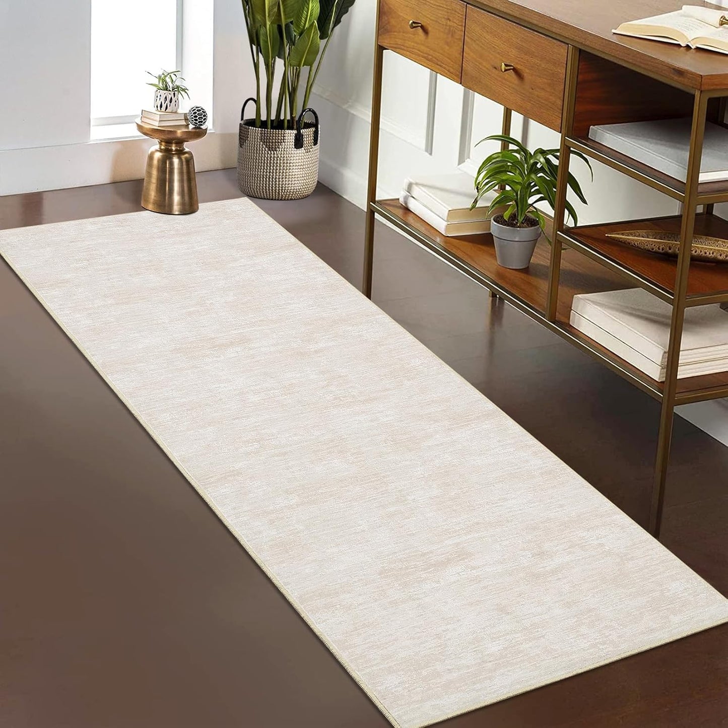RUGSREAL 2x6 Runner Rug Washable Kitchen Runner Rug Modern Abstract Runner Mat for Hallway Contemporary Solid Rug Non-Slip Foldable Aesthetic Accent Floor Carpet for Living Room Bedroom, Beige