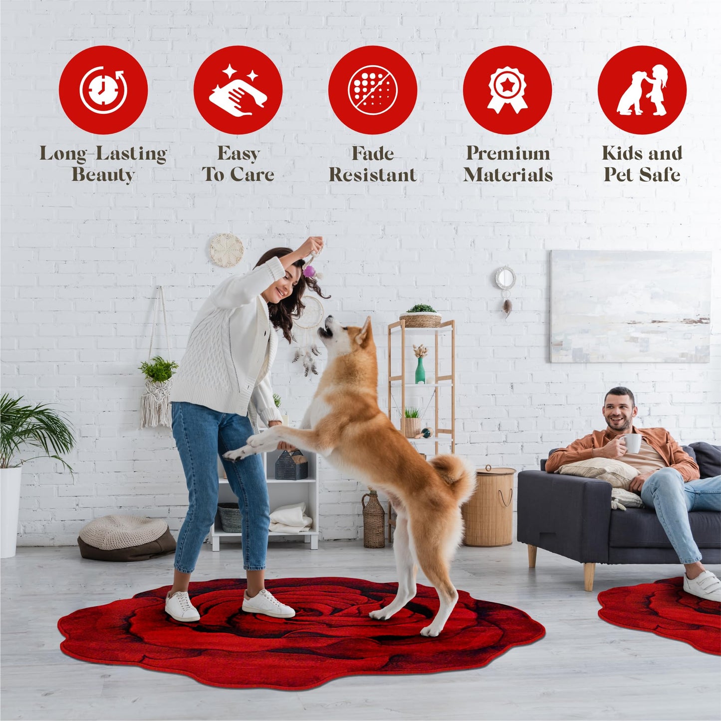 Rose Rug 5ft Round Area Rugs Cute Plush Flower Shaped Rug Circle Girly for Bedroom Floor Living Room Carpet 304 Red