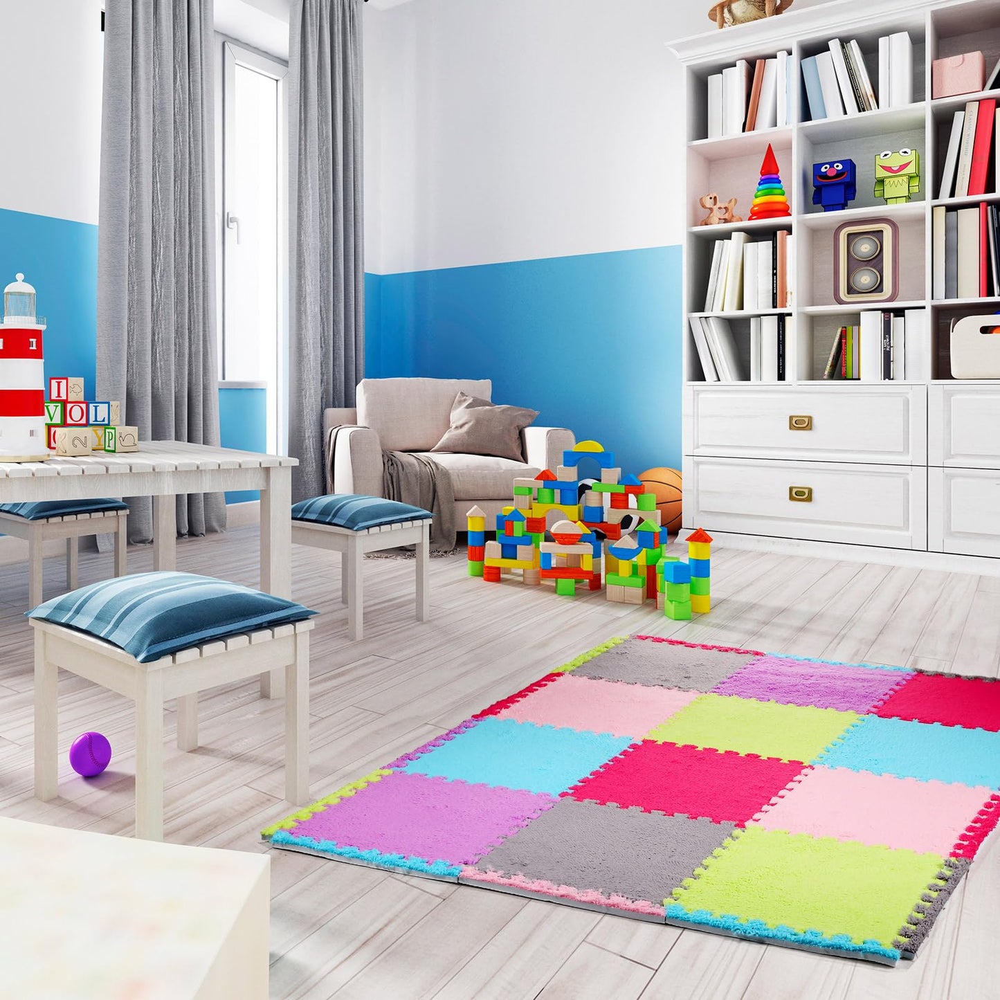 Timgle 18 Pcs Interlocking Carpet Plush Foam Shaggy Soft Square Carpet Tiles with Border 12" Fluffy Colorful Floor Mats 0.4" Thick Protective Puzzle Playroom Area Rug Playmat for Bedroom
