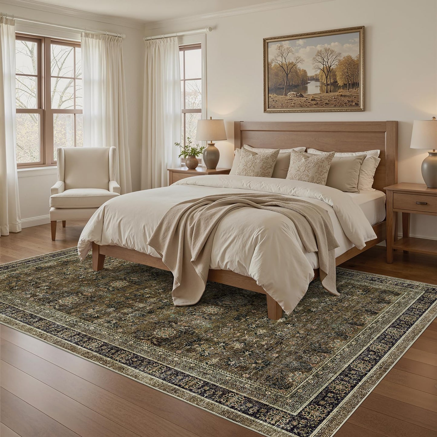 WITSHOCK 7x9 Area Rugs for Living Room: Boho Modern Dark Vintage Traditional Distressed, Washable Low Pile Non-Slip Carpet for Dining Room Bedroom Nursery Kids Playroom, Brown Olive Green