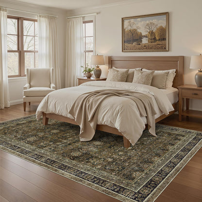 WITSHOCK 7x9 Area Rugs for Living Room: Boho Modern Dark Vintage Traditional Distressed, Washable Low Pile Non-Slip Carpet for Dining Room Bedroom Nursery Kids Playroom, Brown Olive Green