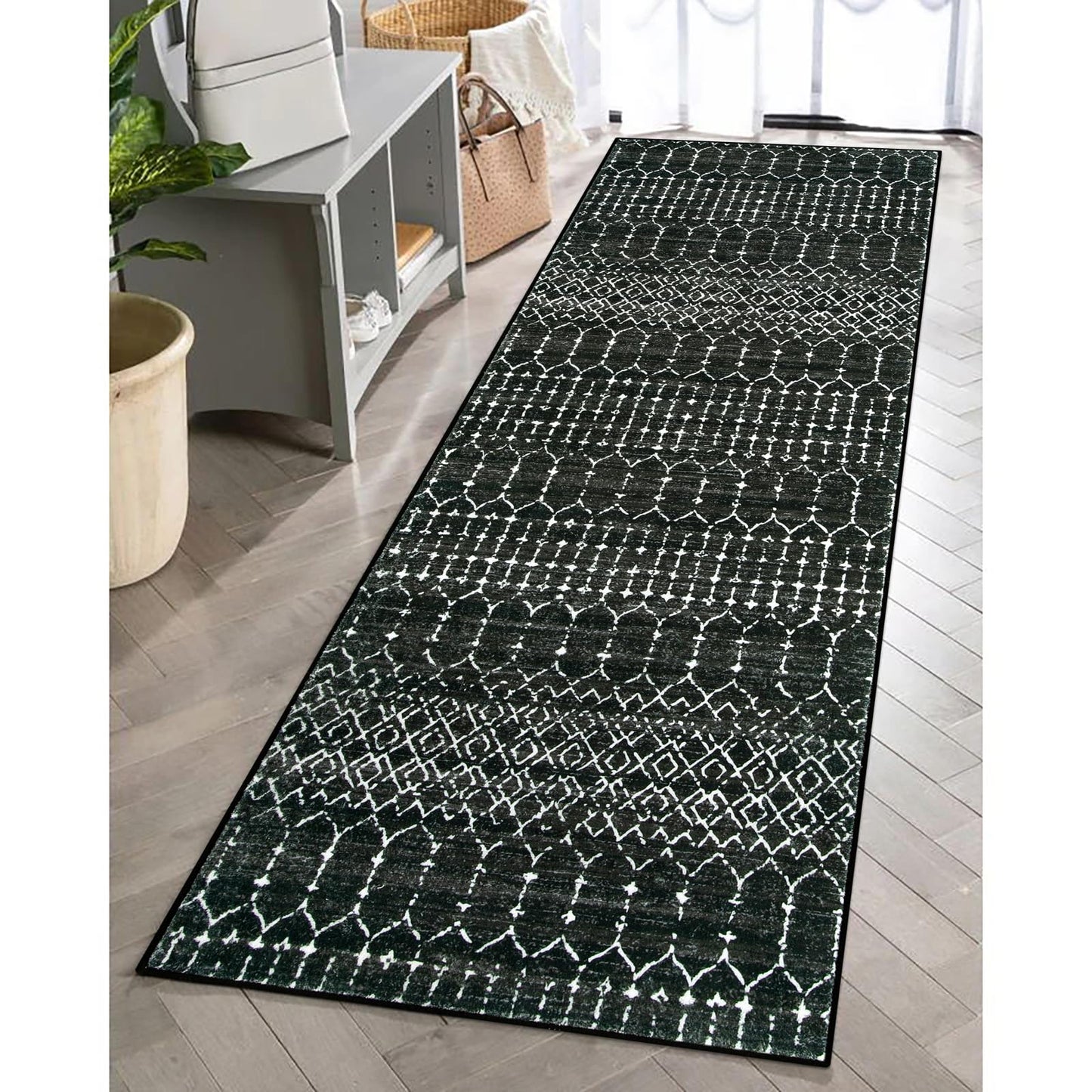 Lahome Moroccan Black Long Runner Washable Hallway Rug, Ultra-Thin Non Slip Kitchen Runner, Soft Modern Print Indoor Floor Carpet for Entryway Stair (Black, 2'5''x12'') Hana
