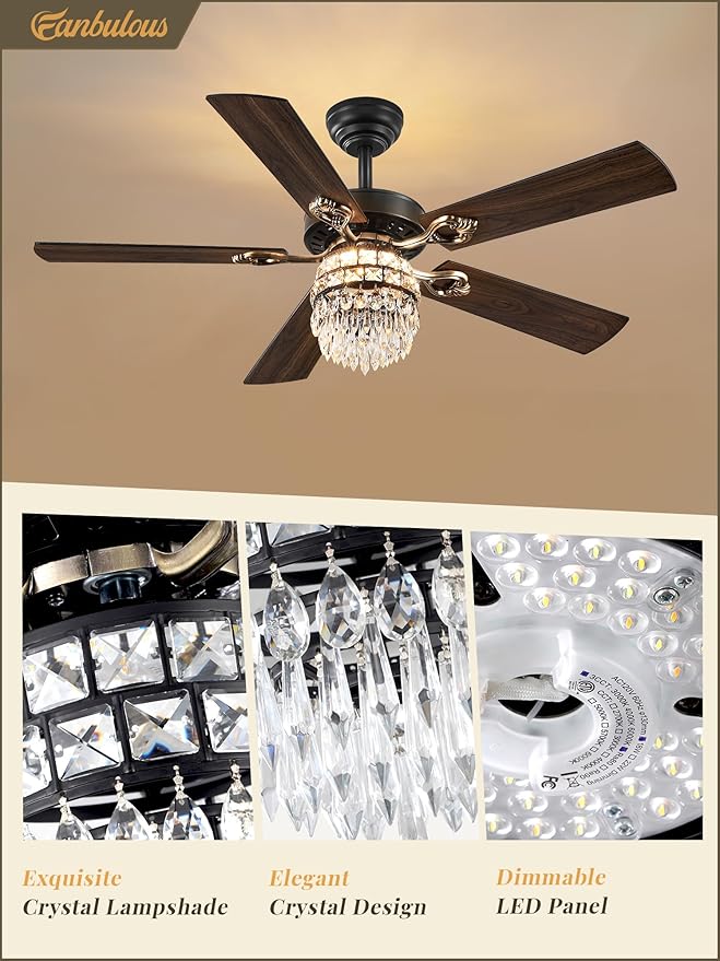 Fanbulous 48 Inch Crystal Chandelier Fan with 22w LED, Fandelier Ceiling Fan with Light, Dimmable, 3CCT, 6-Speeds, Quiet DC Motor, Ceiling Fan Chandeliers, Modern Ceiling Fans for Bedroom, Living Room