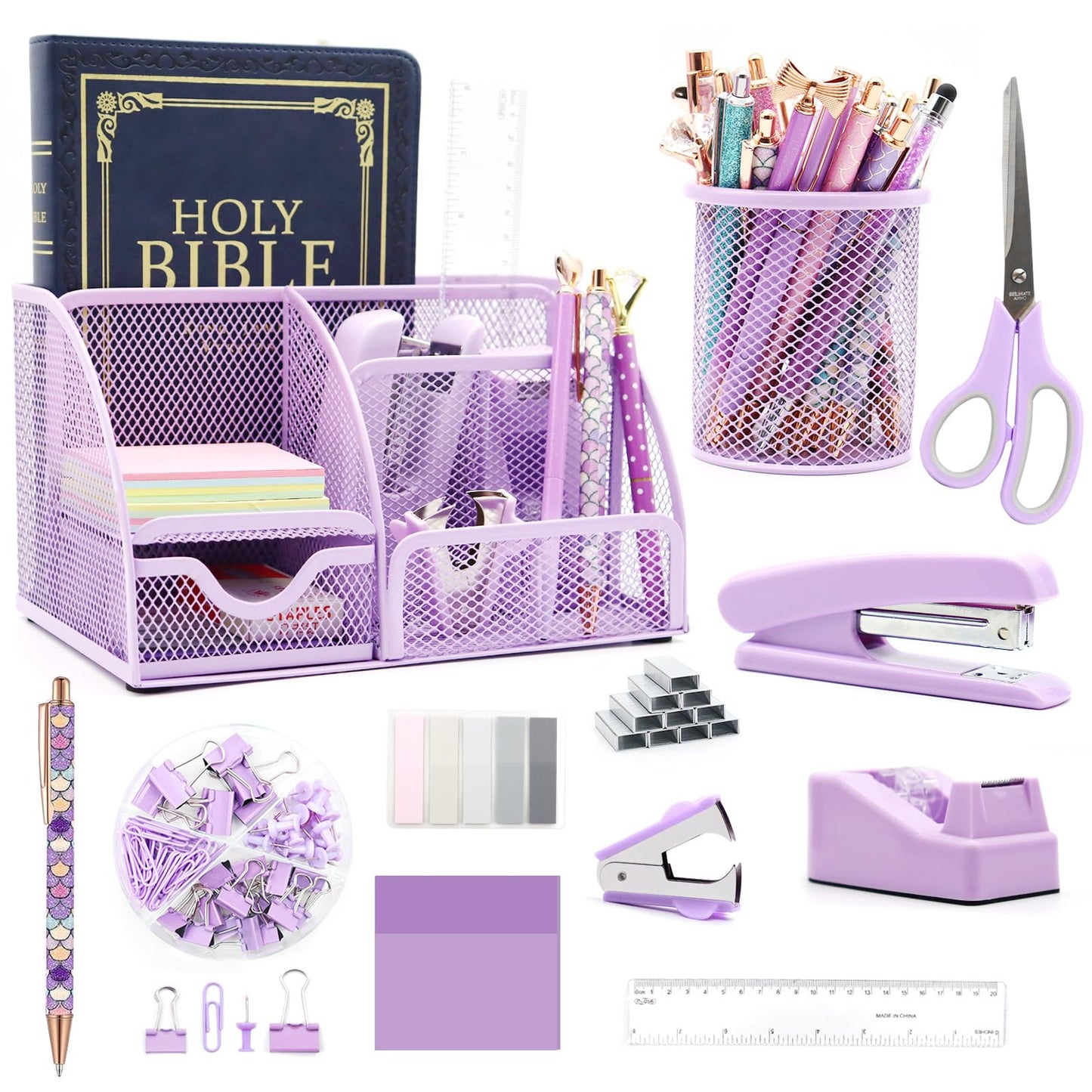Purple Desk Organizers and Accessories,12pcs Office Desk Accessories Supplies,With Pen Holder, Tape Holder, Stapler, Scissors, Ruler, Staple Remover for Home & School, Office Supplies Gift for Women