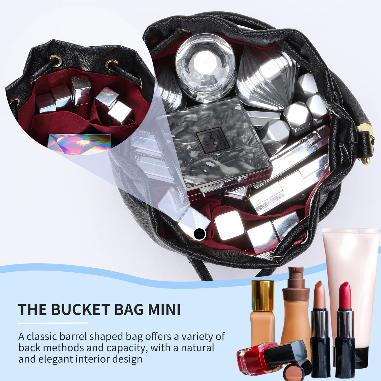 JQAliMOVV Mini Leather Bucket Bags for Women Drawstring Bucket Purse Crossbody Handbags Hobo Bag (Black)