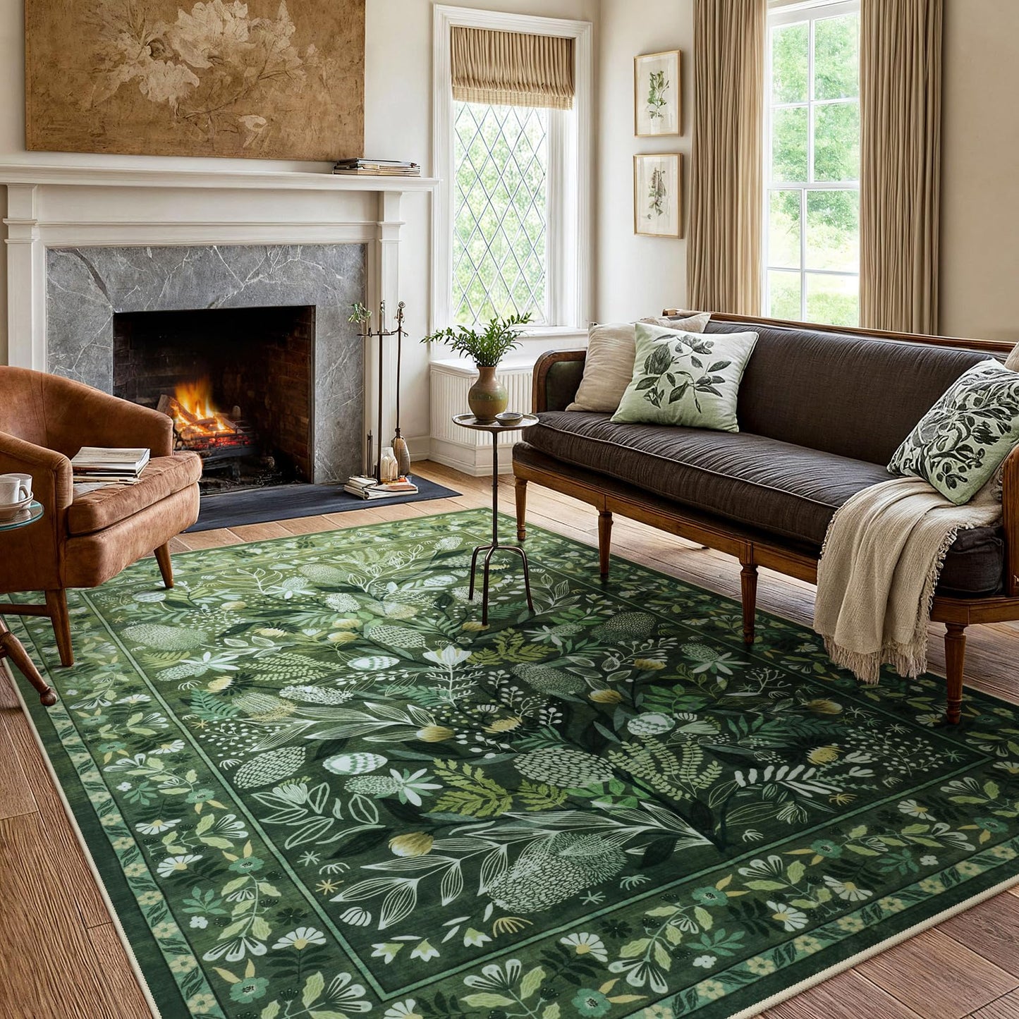 Anidaroel Green Large Area Rugs 8x10, Botanical Floral Washable Rug for Living Room, Soft Rugs for Bedroom Non-Slip Ultra-Thin Modern Rug Dining Room Mat Throw Carpet for Dorm Apartment