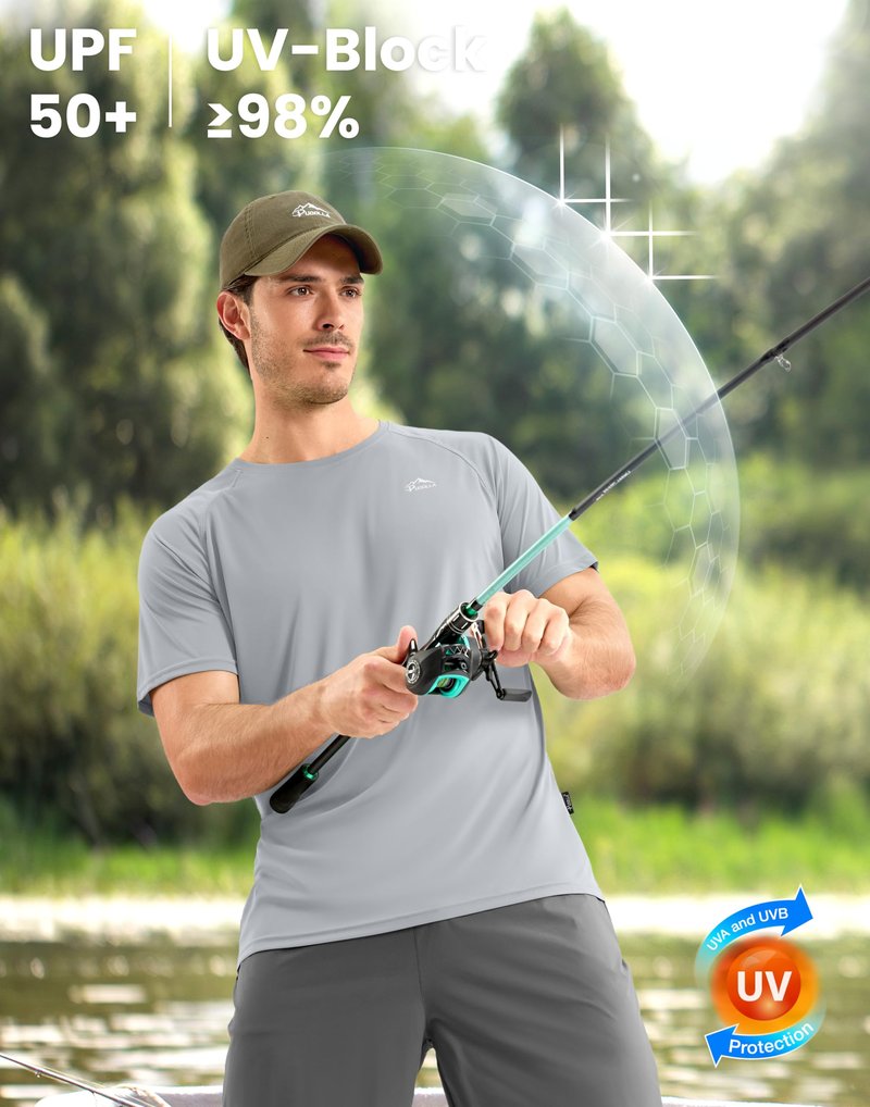 Pudolla Men's Rashguard Swim Shirts Short Sleeve UPF 50+ UV Fishing Shirts Quick Dry Water Beach Shirt(Light Grey M)