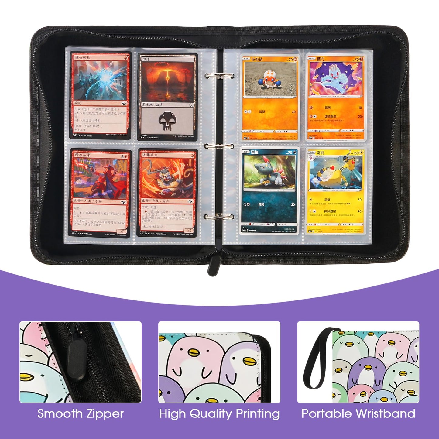 Trading Card Binder 4 Pocket with 50 Removable Sleeves, Card Holder Fits 400 Cards,Collection Album for Game Cards, Durable Collectible Storage Case for Girls and Boys(Penguin)