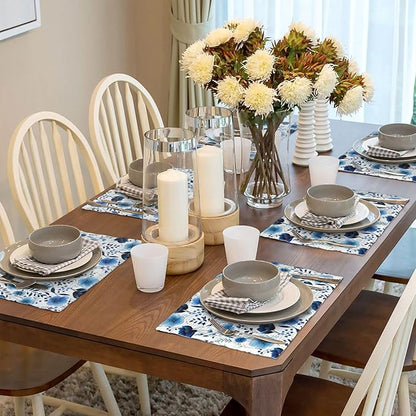 Blue Floral Watercolor Linen Placemats Set of 4, 12" x 18" Heat Resistant Washable Boho Blue Table Mats for Dining Table Kitchen Party Outdoor, Elegant Home Decor & Gift for Floral Nature Enthusiasts