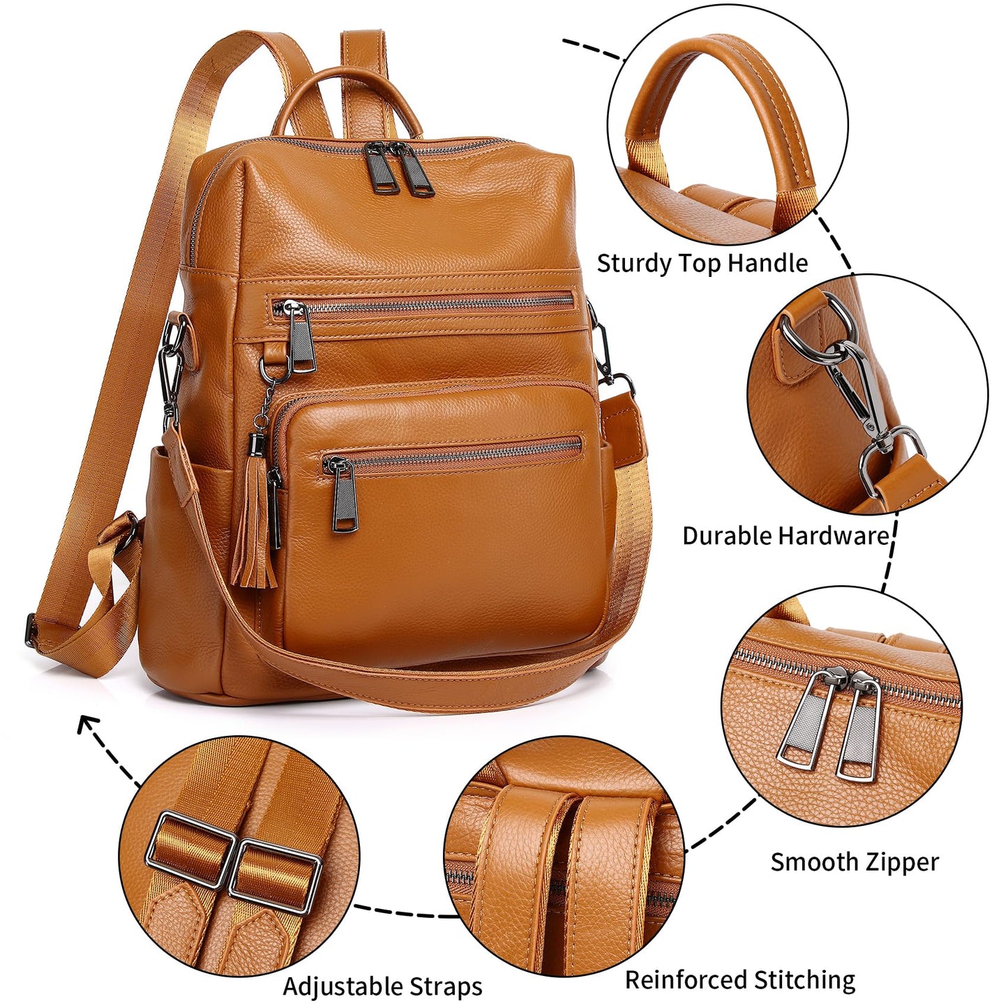 Wesccimo Genuine Leather Backpack Purse For Women Real Soft Leather Fashion Convertible Shoulder Bag Burnt Caramel/Orange
