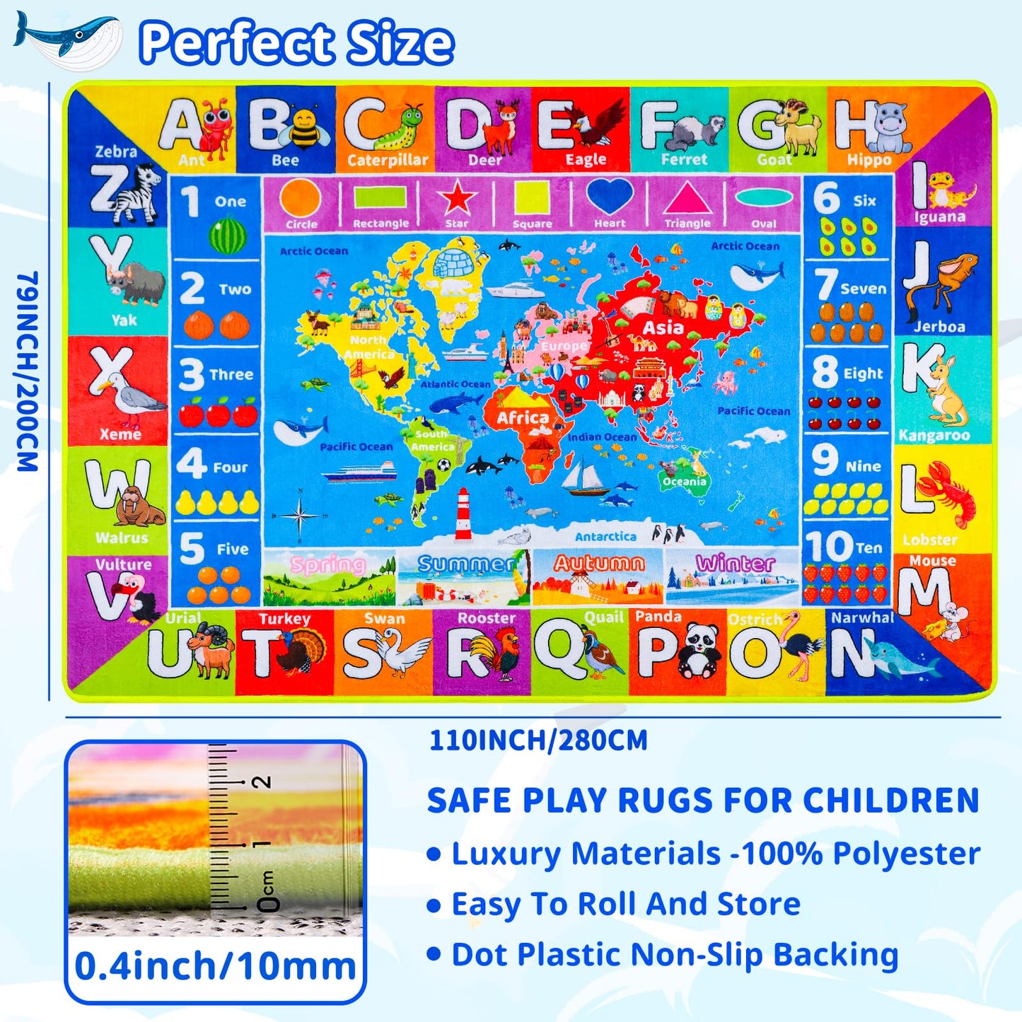 Large Educational Kids Learning Rug with World Map & ABC Alphabet, Interactive Geography Play Carpet for Preschool Classroom Nursery & Homeschool, Non-Slip Activity Rug, 6'7" x 9'2"