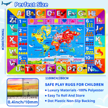Large Educational Kids Learning Rug with World Map & ABC Alphabet, Interactive Geography Play Carpet for Preschool Classroom Nursery & Homeschool, Non-Slip Activity Rug, 6'7" x 9'2"