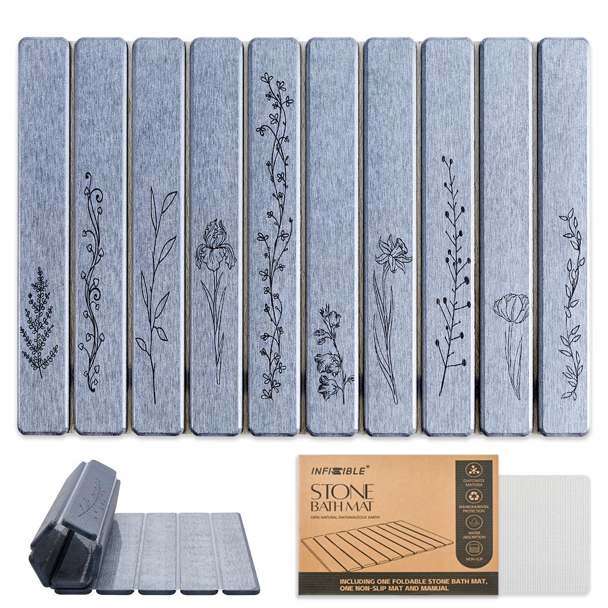 INFISIBLE Foldable Stone Bath Mat - 24x16, Super Absorbent Diatomaceous Earth Large Bath Mats for Bathroom, Quick Dry Non-Slip Stone Drying Mats for Kitchen Counter & Bathtub (Dark Gray Floral Decor)