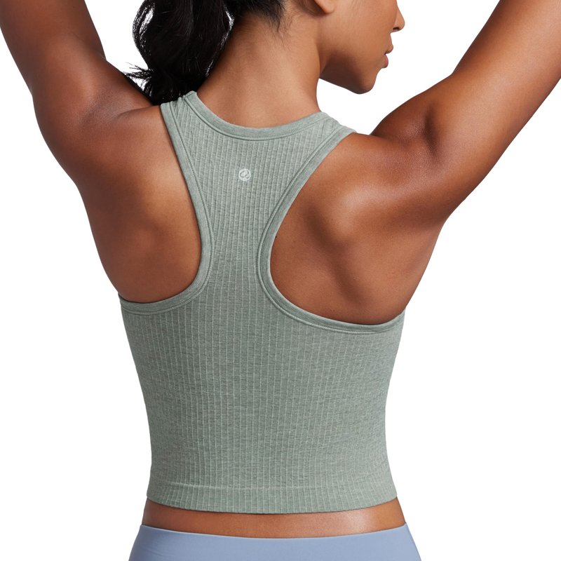 CRZ YOGA Seamless Ribbed High Neck Crop Tank Tops for Women - Longline Racerback Padded Sports Bras Dark Green Heather Medium