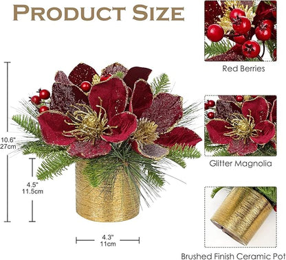 13 inch Christmas Table Centerpiece 5" Glitter Magnolia Flower and Berries Fir Greenery Artificial Christmas Floral Centerpiece in Silver Ceramic Pot Tabletop Xmas Table Arrangement Decor