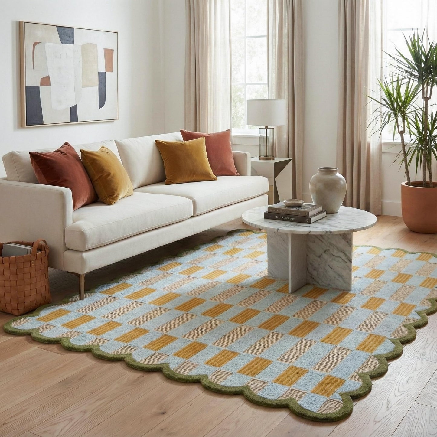 RUGWYN Hand-Tufted Scalloped Wool Area Rug, Modern Plaid Checkered Pattern, Soft & Durable Cozy Accent Rug for Living Room, Bedroom & Nursery, Handmade Decorative Carpet (Light Blue, 4' x 6')
