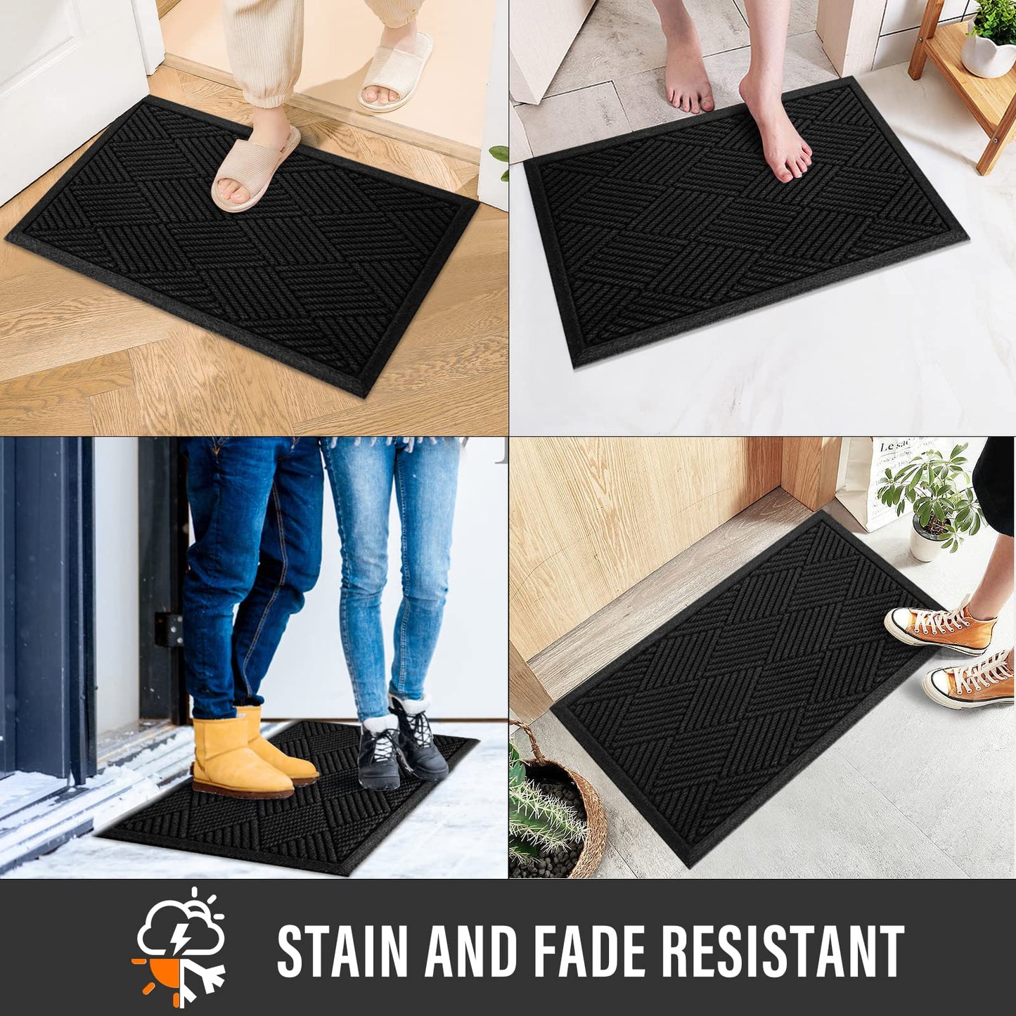 HIYARD Durable Front Door Mat, Absorbent Muddy Dirt Resist Welcome Door Mats Outdoor Indoor, Stain and Fade Resistant, Non-Slip Rubber Backing Low Profile Doormat for Entryway, 30×17, Black
