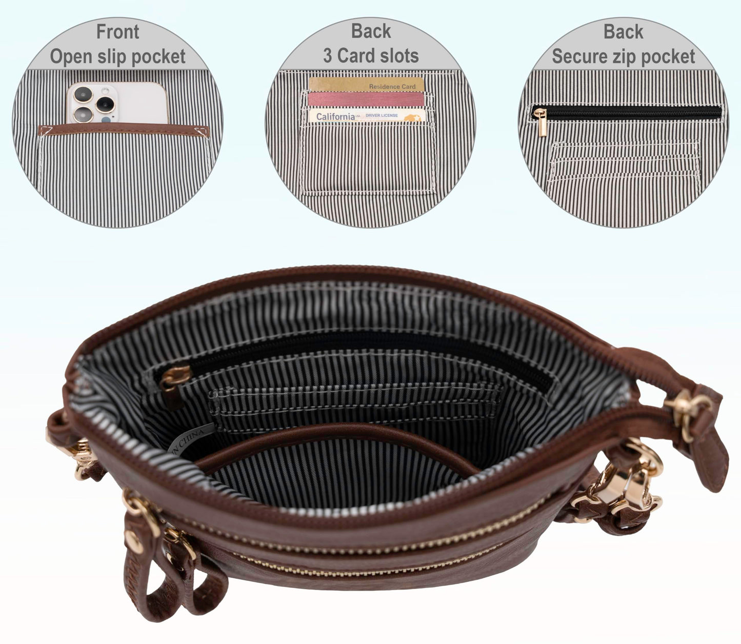 Solene Women's Faux Leather Organizer Multi Zipper Pockets Handbag With Detachable Wristlet Crossbody Bag-WU002(Coffee)