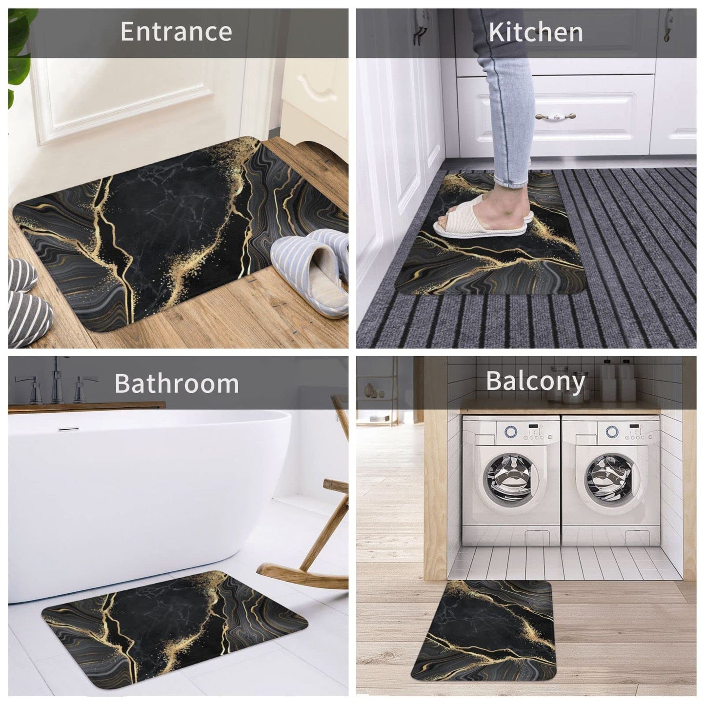 Black and Gold Marble Bath Mats for Bathroom, Soft Absorbent Bath Rug Non-Slip Floor Rug Carpets for Kitchen Bathroom Laundry Bedroom Living Room Decoration