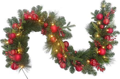 6 Feet Pre-lit Christmas Ornament Fake Pine Garland w 24 Red Balls Real Grapevine Base (30 LED Lights, 8 Flash Options) for Xmas Decor at Shop Home Door Corridor Wall Window Table Cabinet (Battery)