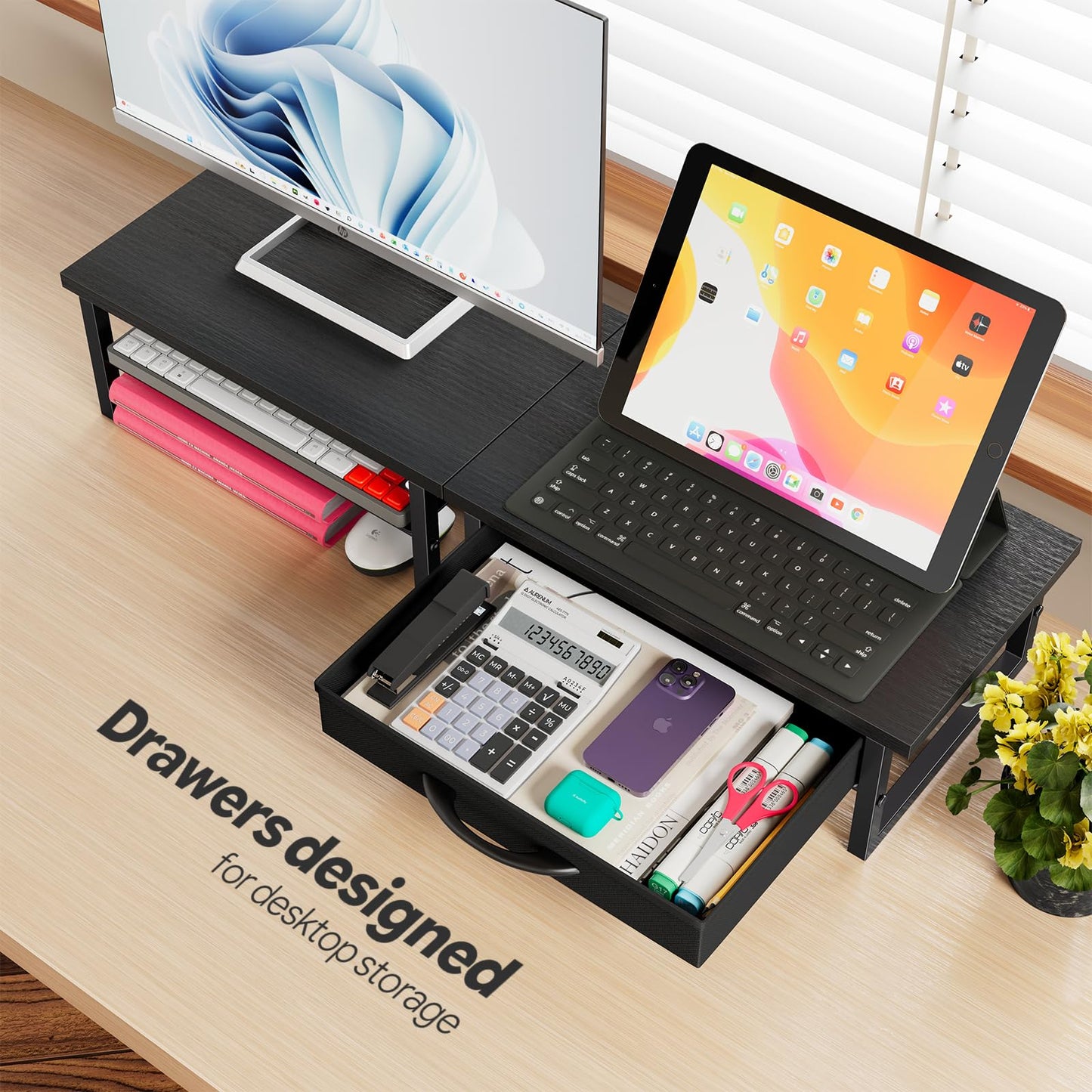 Ekisemio Computer Monitor Stand Riser, Desk Organizers and Accessories with Farbic Drawer, 2-Tier Wood and Metal Laptop Stand for Desk, Office Organizer Storage, Black