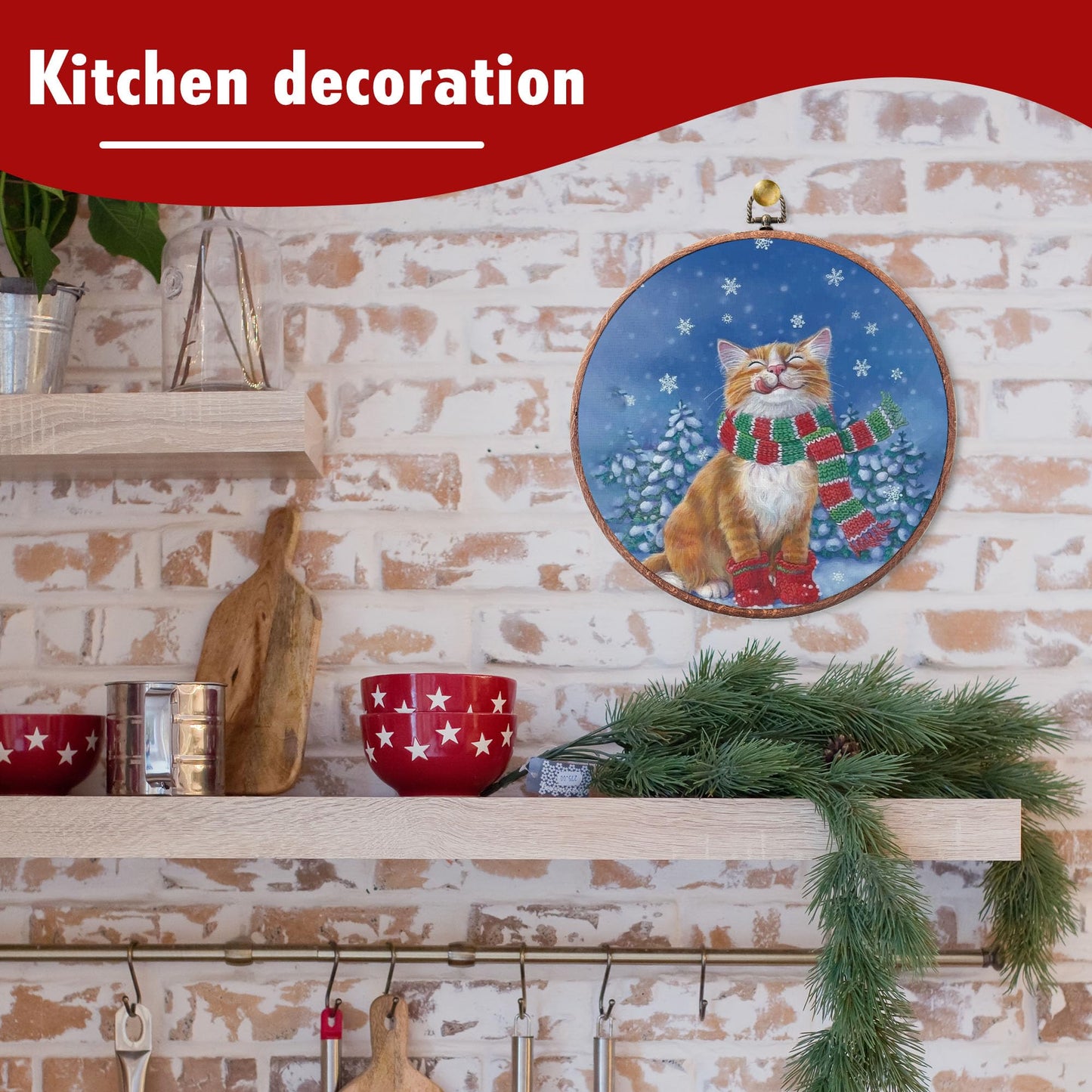 heiyihe Winter Round Cat Canvas Hanging Prints, 10x10 Inches Round Christmas Canvas Frame Wall Art Decor, Christmas Embroidery Kit Decor for Home Living Room, Gift Ideas for Family Friends-A11