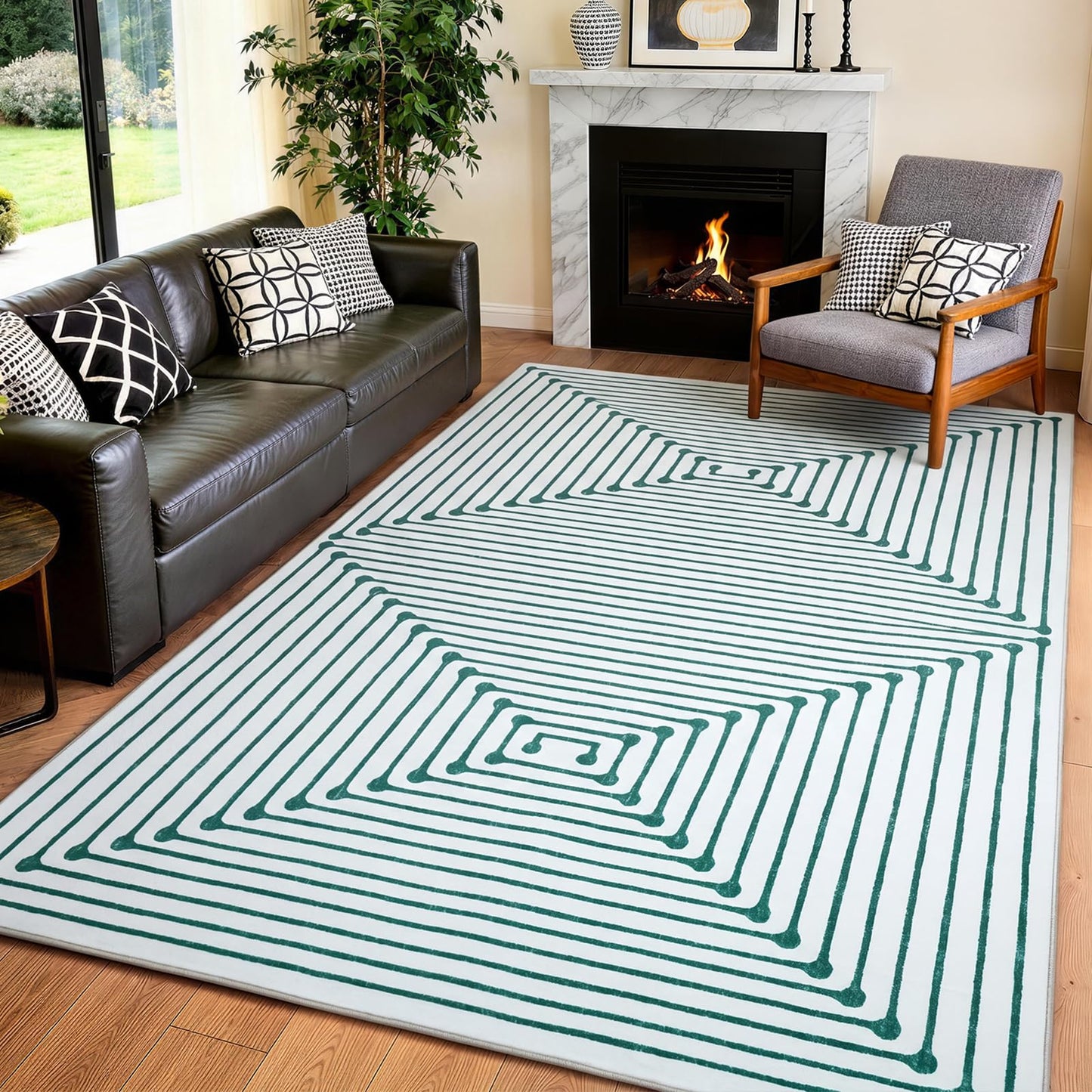 YIHOUSE Washable 8x10 Area Rugs for Living Room, Green Striped Rug for Bedroom Non Slip Low Pile, Large Modern Geometric Carpet for Playroom Dining Room Home Office Decor