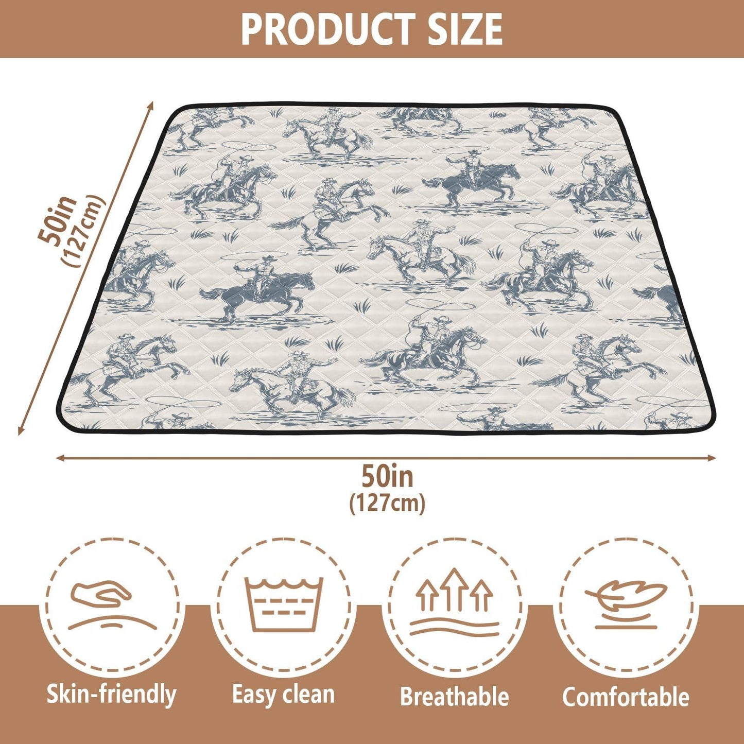 Selerdon Baby Play Mat Western Cowboy Horse Retro 50" X 50" Play Gym Crawling Mat Soft Non-Slip Portable Picnic Floor Mat for Infant, Babies, Toddler, Kids