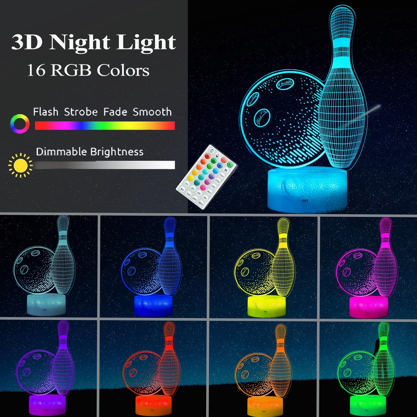 POSSHE Bowling Night Light, Bowling Gifts 3D Illusion Lamp with 16 Colors Changing, Timer, 4 Flash Modes and Dimmable, Kids Boys Girls Room Decoration, Holiday Xmas Gifts