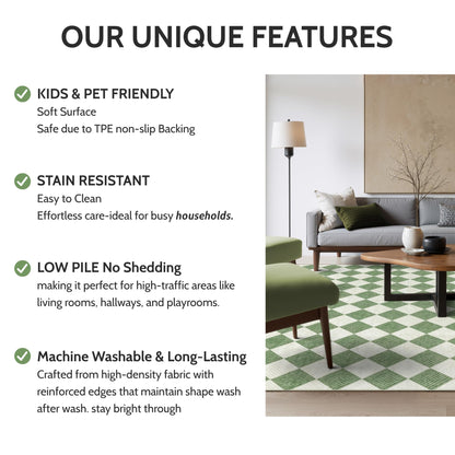 Kiginara Washable Green Checkered Rug 5x7, Non-Slip Low Pile Area Rug for Living Room, Bedroom, Nursery, Modern Neutral Farmhouse Diamond Carpet, Pet & Kid Friendly