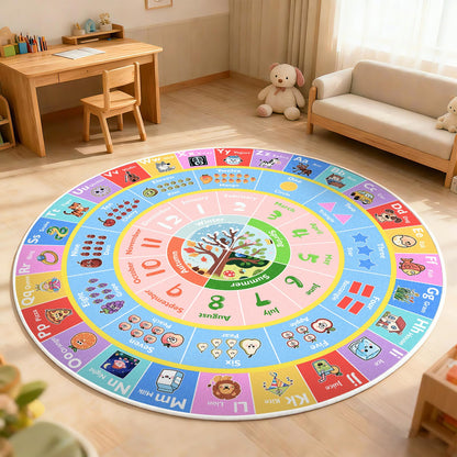 ABC Round Kids Rug for Playroom, 4x4 ft Alphabet Small Classroom Rug, Educational Kids Play Mat With Number Shape Season, Learning Area Rug for Nursery Bedroom Kidsroom, Colorful Non-Slip Washable