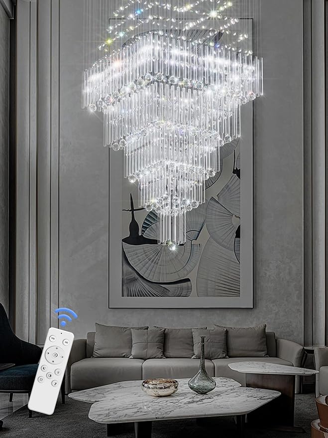 D40''X H120'' Large Chandelier for Staircase, Luxury Foyer Chandelier, Modern Crystal Raindrop Chandeliers Flush Mount Ceiling Light Fixtures for High Ceilings,Entryway LED Dimmable 2700K-6000K
