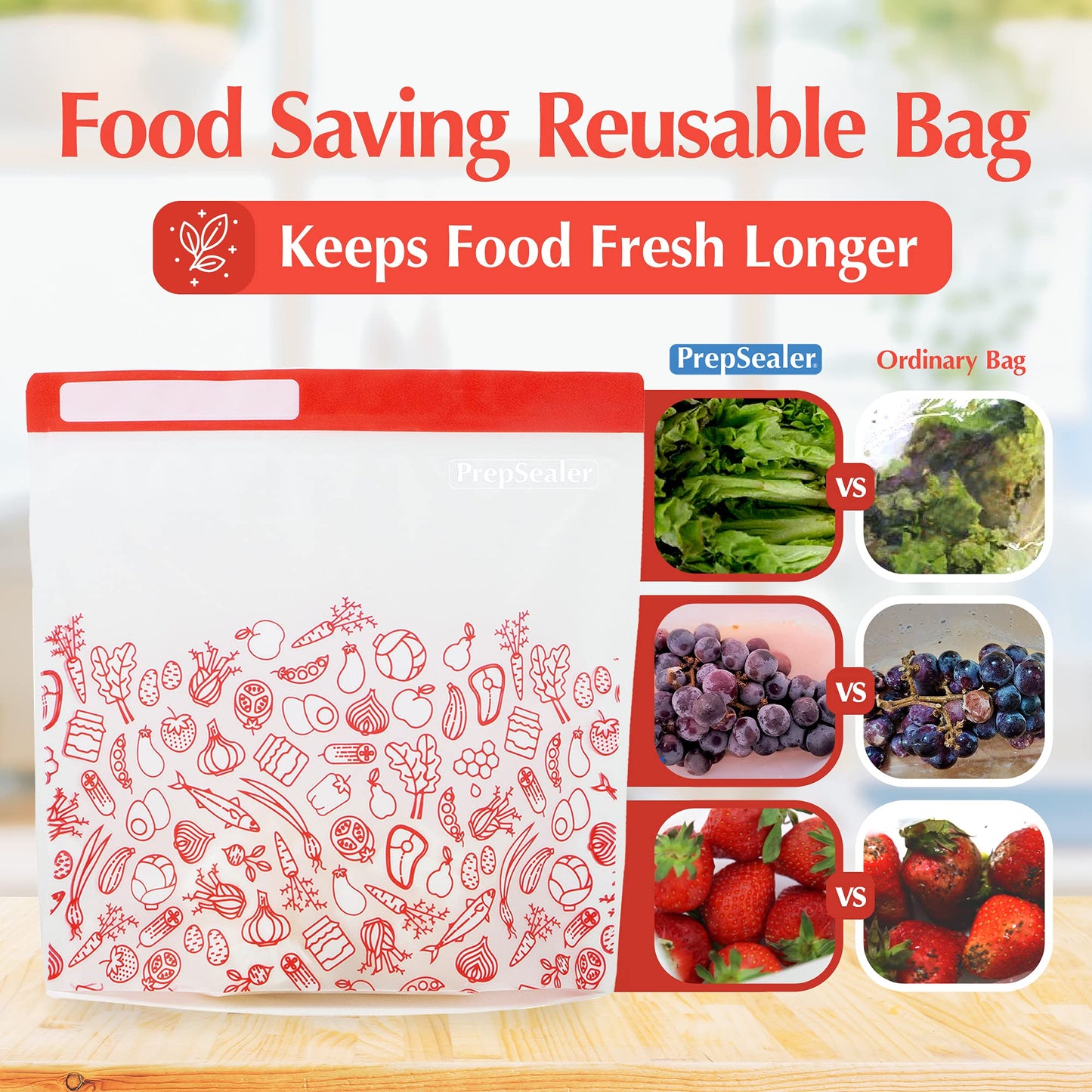 PrepSealer Reusable Food Storage Bags – Keep Fruits, Veggies & Meats Fresh Longer -10 Pieces (3 S, 3 M, 4 L)