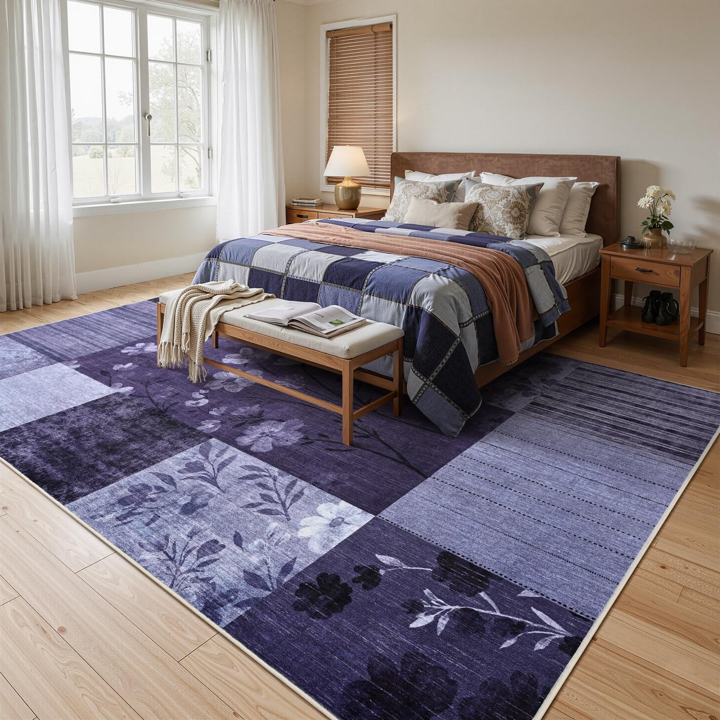 DweIke Area Rugs 4'x6' Washable Purple Rug for Living Room, Non-Slip Modern Geometric Patchwork Stain Resistant Indoor Throw Carpet for Bedroom Dining Room Farmhouse Office Decor