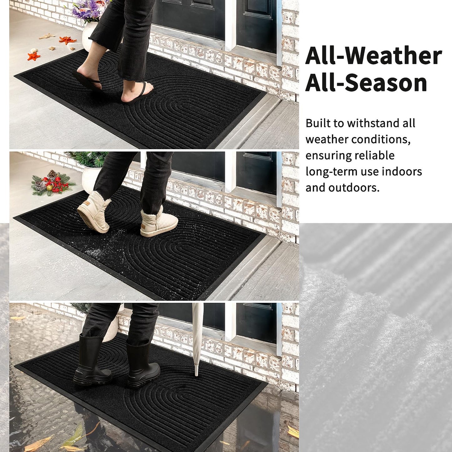 RORA Front Door Mat Outside Indoor Entrance, Heavy Duty Non Slip Welcome Doormat, Natural Rubber Floor Mat for Entryway, Patio, Garage, Porch, 29.5"x17", Black
