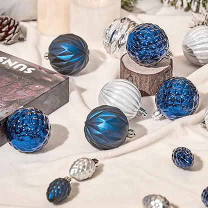 JORNOY Blue and Silver Christmas Tree Ornaments - 2.36inch/60mm Shatterproof Ornaments for Christmas Tree Set Plastic Decorative Hanging Balls Ornaments for Xmas Tree Decorations, 40ct (Blue & Silver)