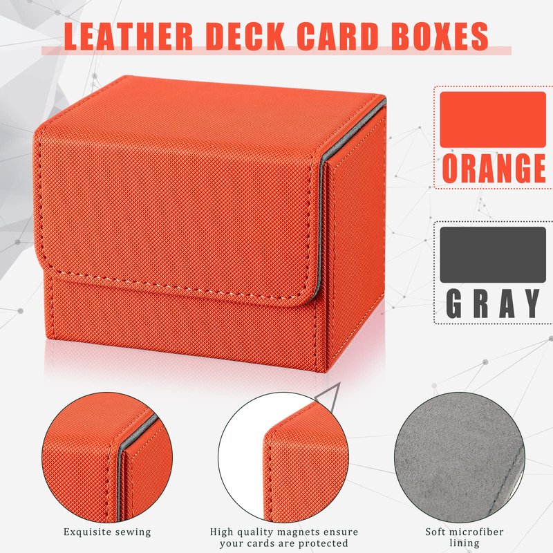 Weewooday 2 Boxes Leather Deck Card Boxes Large Size Fit 100 Plus Sleeved Cards Deck Game for Collectible Playing Compatible with Mtg Tcg(Horizontal,Orange, Gray)