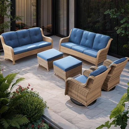 Rilyson Patio Furniture Swivel Chairs Set - 6 PC Wicker Rattan Outdoor Sectional Conversation Sets with 2 Rocking Chair,2 Ottoman and 2 Sofa for Porch Deck Garden(Yellow/Blue)